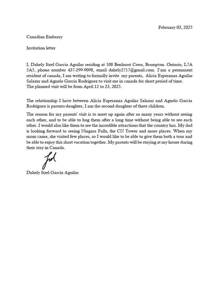 Invitation Letter for Parents' Visit to Canada | PDF