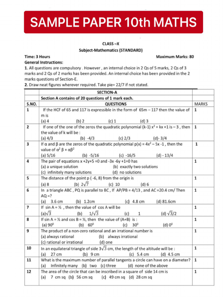Sample Paper 10th | PDF