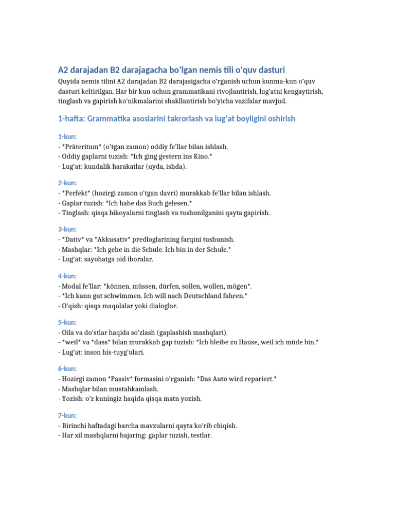 A2 To B2 German Study Plan | PDF