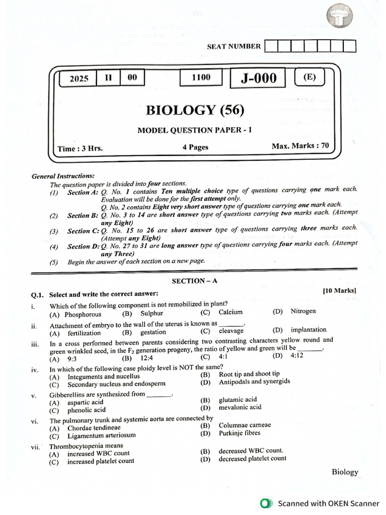 Biology Booster Prelim Paper Model 1 | PDF