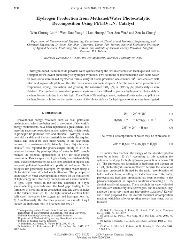 Lin Et Al 2009 Hydrogen Production From Methanol Water Photocatalytic ...