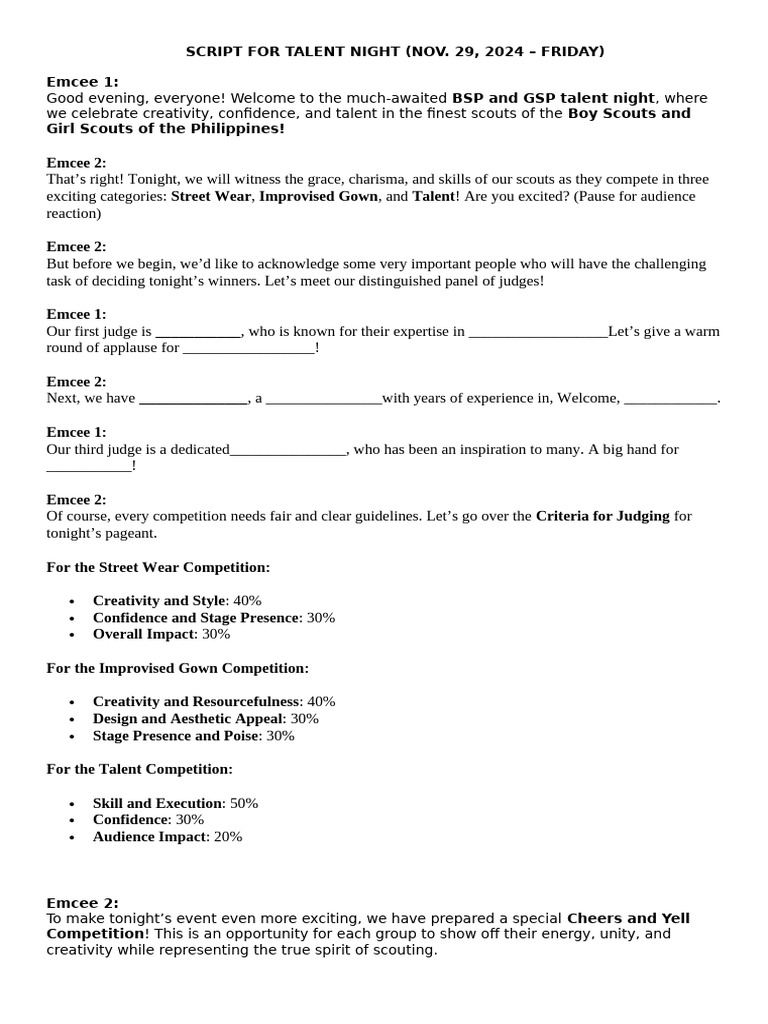 SCRIPT FOR BSP AND GSP NIGHT | PDF