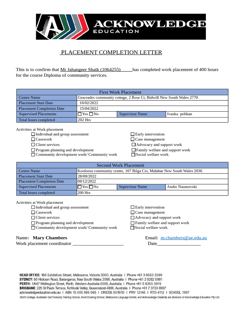 Jahangeer - SHAIK - Placement - Completion - Letter F | PDF