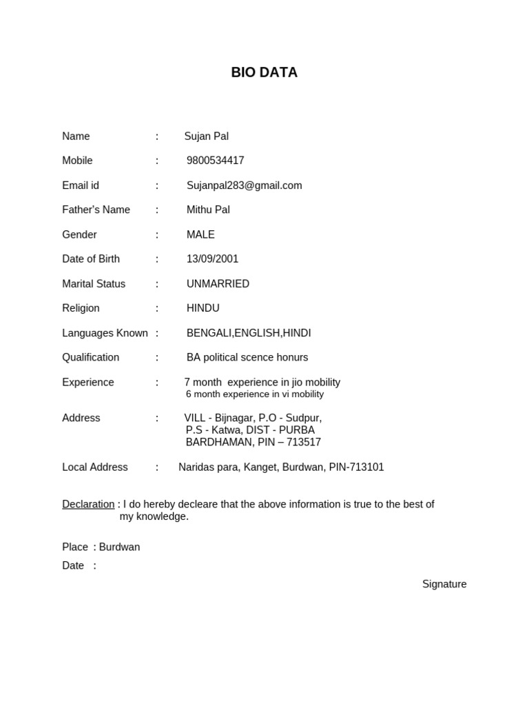 Simple Biodata Format for Job Application | PDF