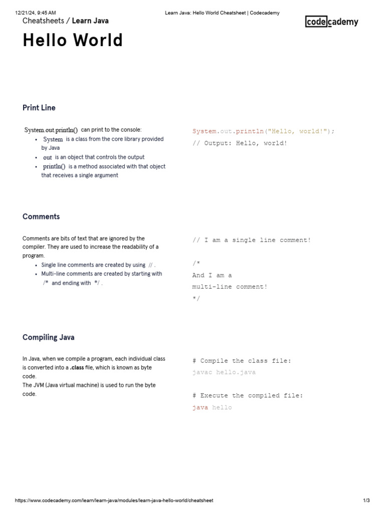 Learn Java_ Hello World Cheatsheet _ Codecademy | PDF | Java ...
