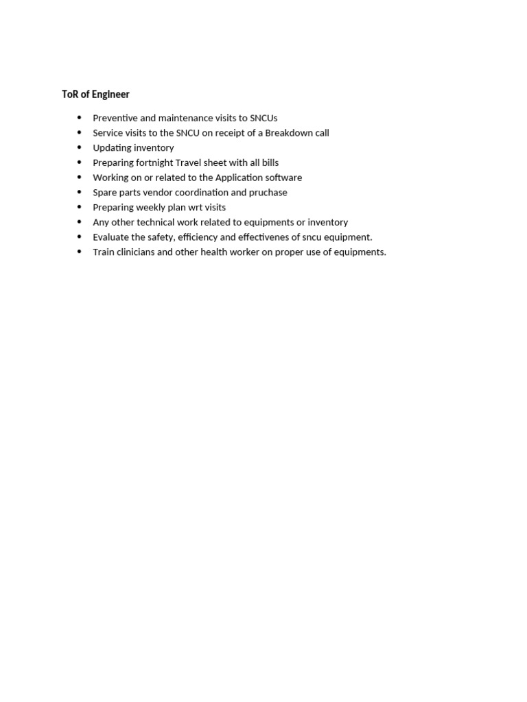 Engineer ToR for SNCU Equipment Management | PDF