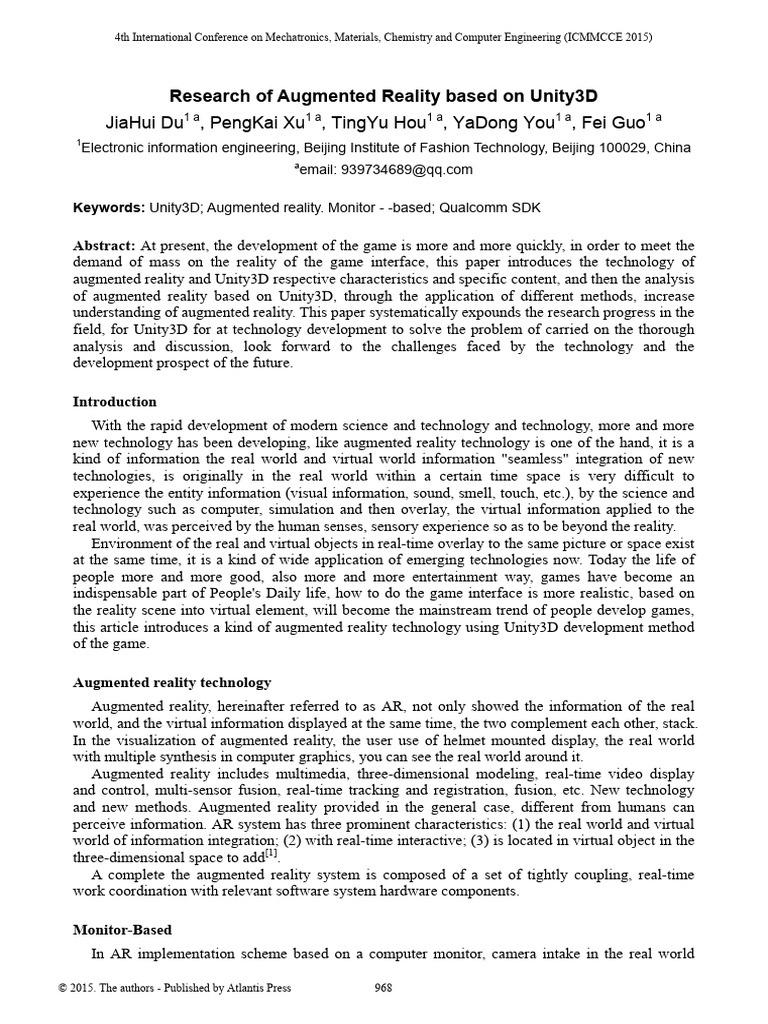Unity3D in Augmented Reality Research | PDF | Augmented Reality | Unity ...