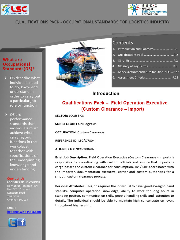 Field Operation Executive Qualifications Pack | PDF | Customs | Logistics