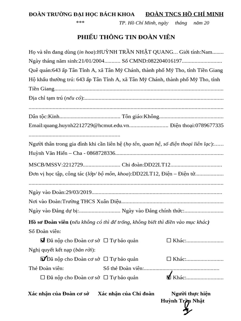 P.2. Phieu Thong Tin Doan Vien | PDF