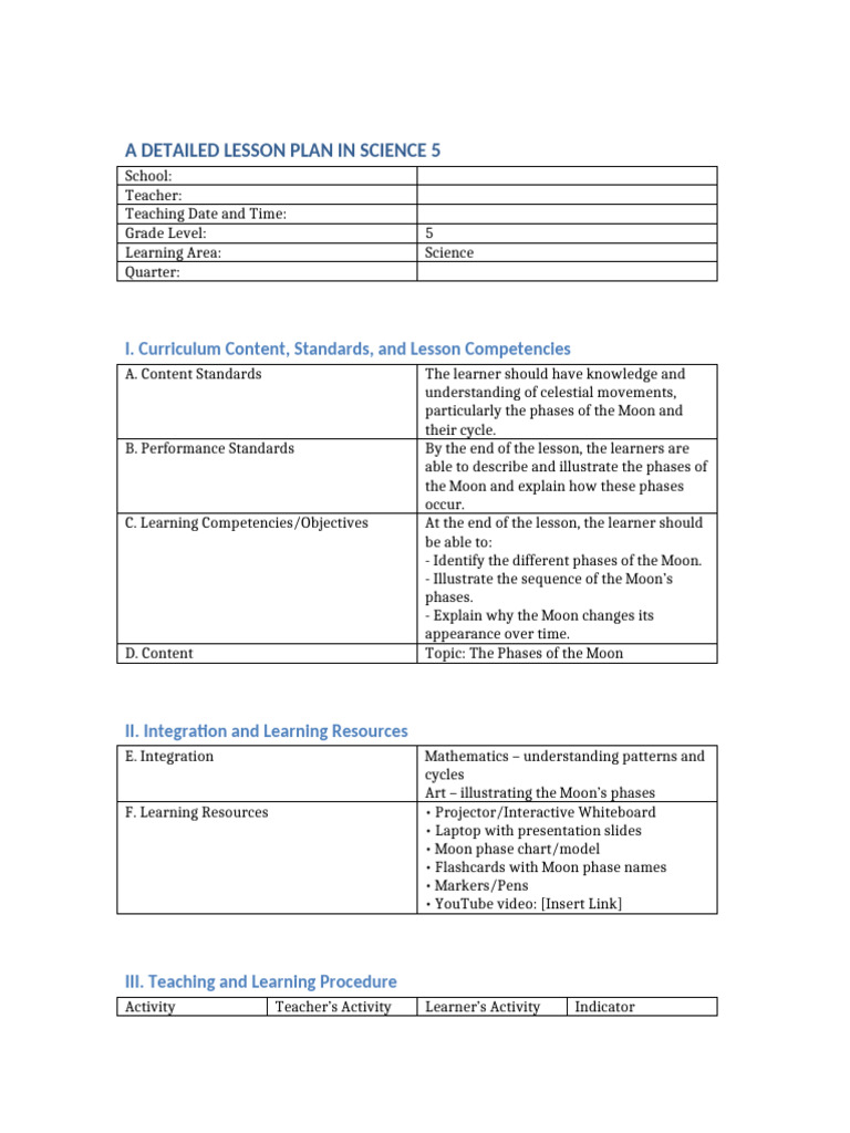 Science Lesson Plan Phases of Moon Table | PDF | Moon | Learning