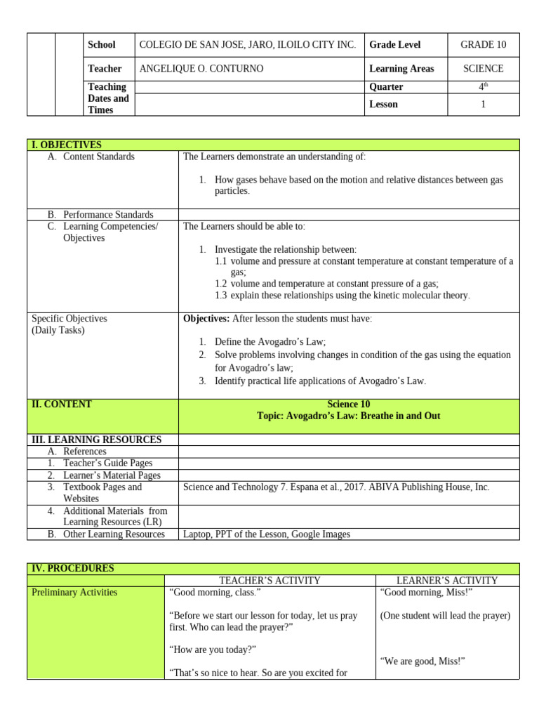 Avogadro's Law Lesson Plan for Grade 10 | PDF | Gases | Mole (Unit)