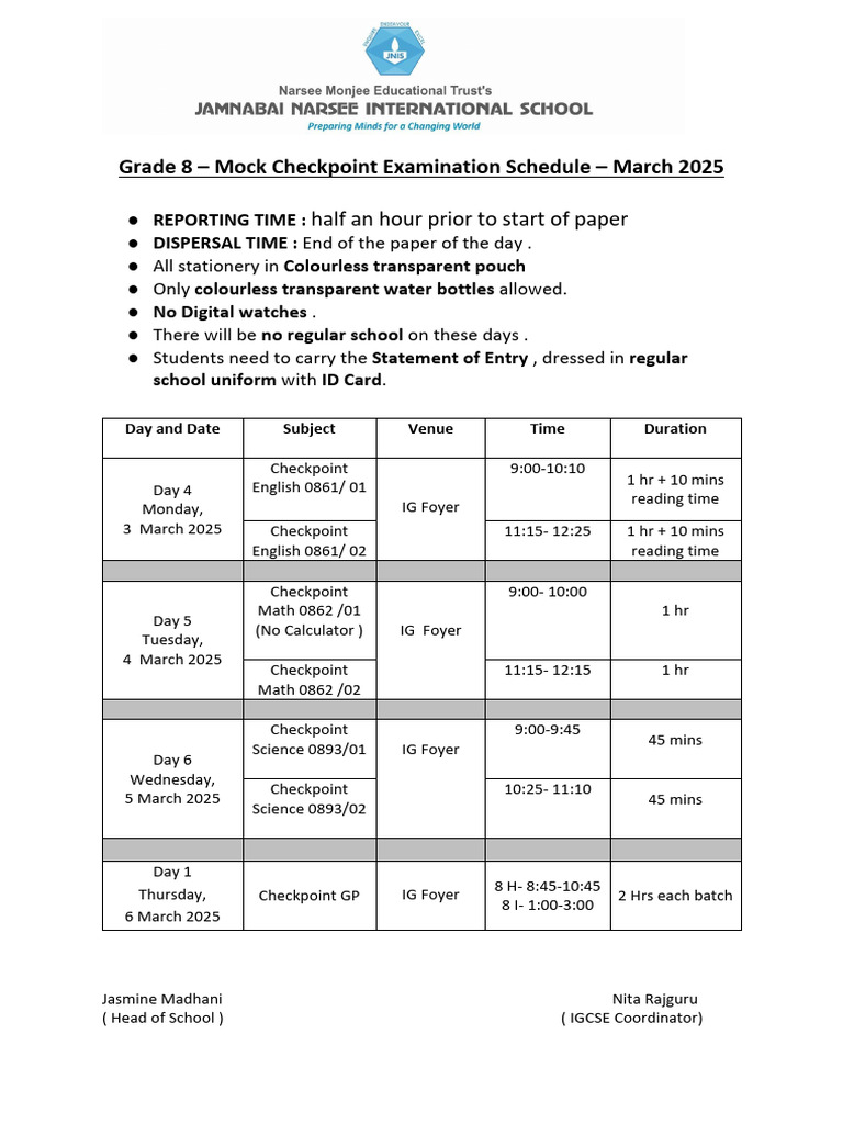 Grade 8 Checkpoint Exam Schedule 2025 | PDF