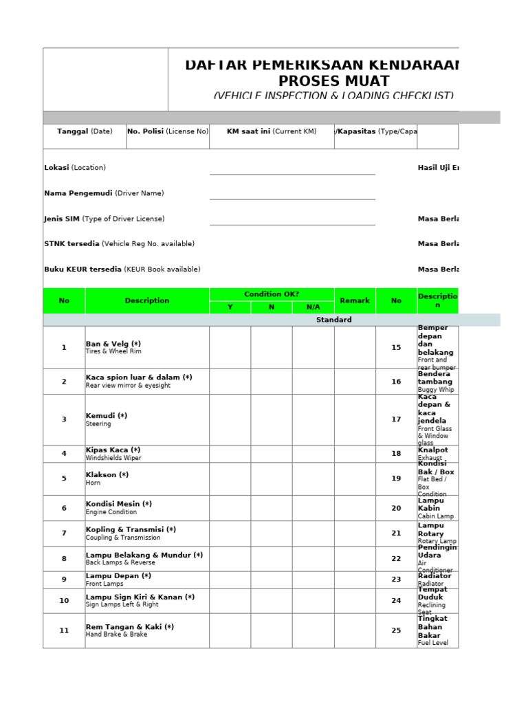Vehicle Inspection Checklist | PDF | Vehicle Technology | Vehicles