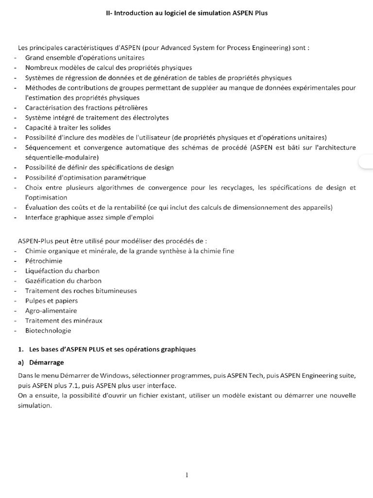 II Introduction Au Logiciel de Simulation ASPEN Plus 1 | PDF