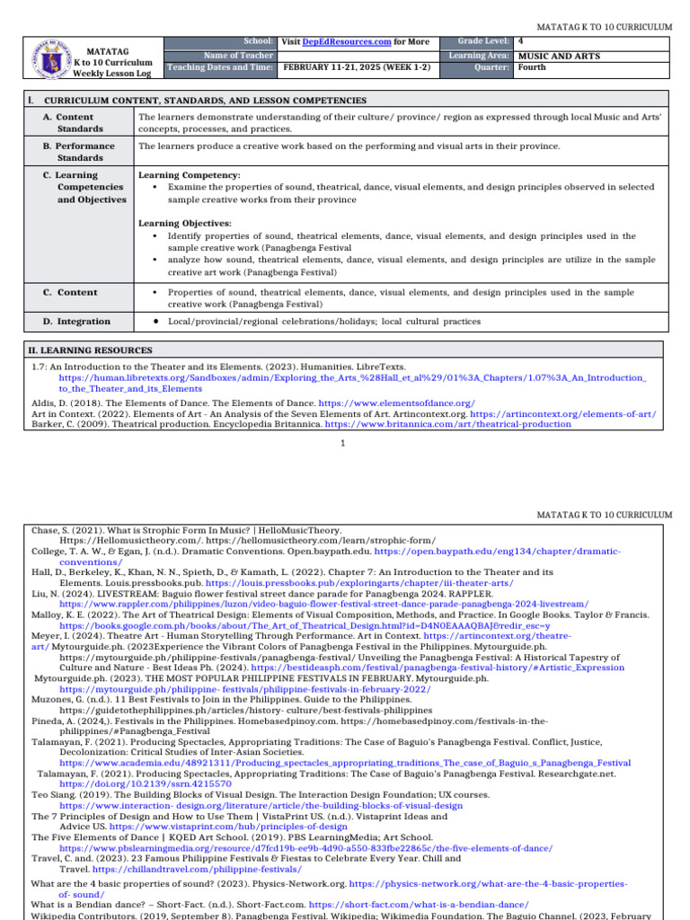 K-10 Music and Arts Weekly Lesson Plan | PDF | Dances | Curriculum