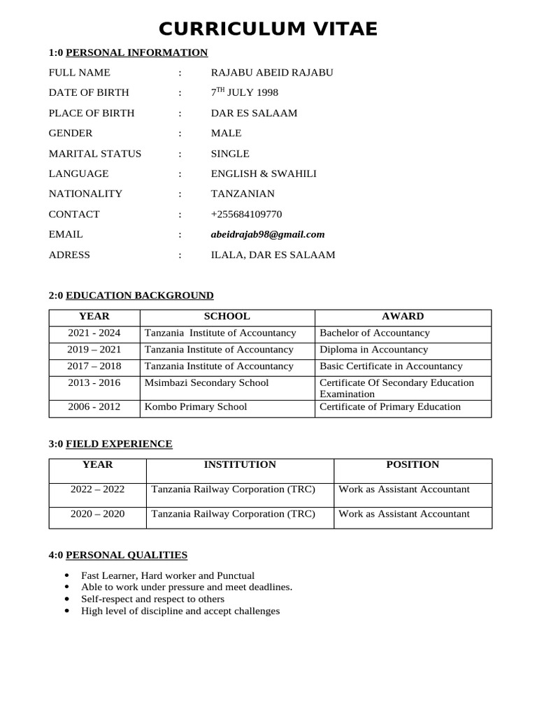 Rajabu Abeid's CV: Accountant Profile | PDF | Tanzania | Behavior ...