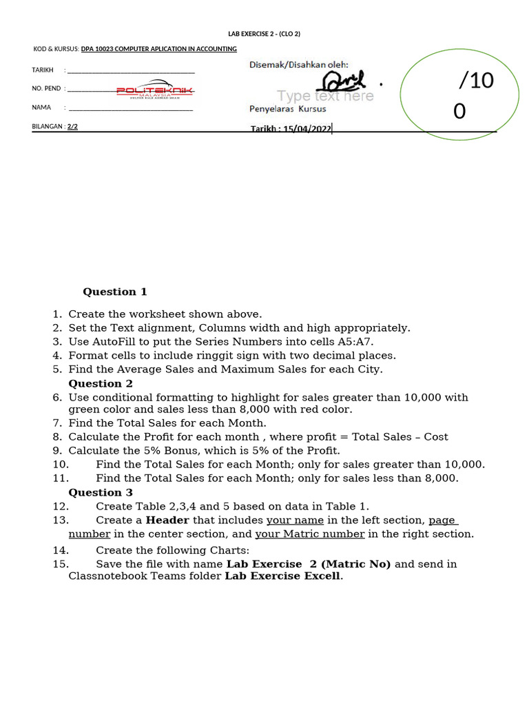 Lab Exercises 2 Excell SET 1 | PDF