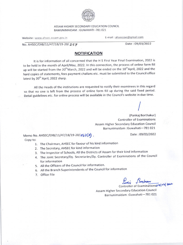 HS First Year Form Fill Up Notification | PDF | Secondary Education ...