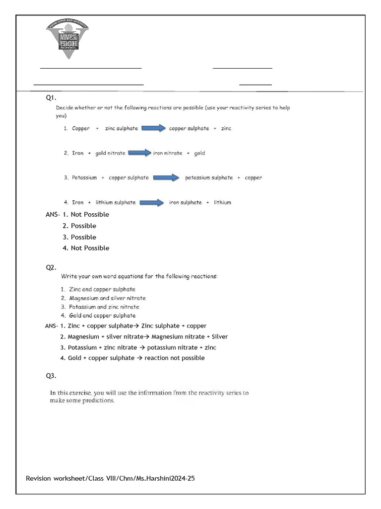 Class 8 Chemistry Reactivity Worksheet | PDF | Magnesium | Copper