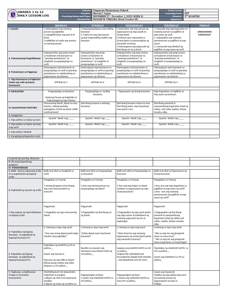 DLL - Epp 5 - Q2 - W3 | PDF