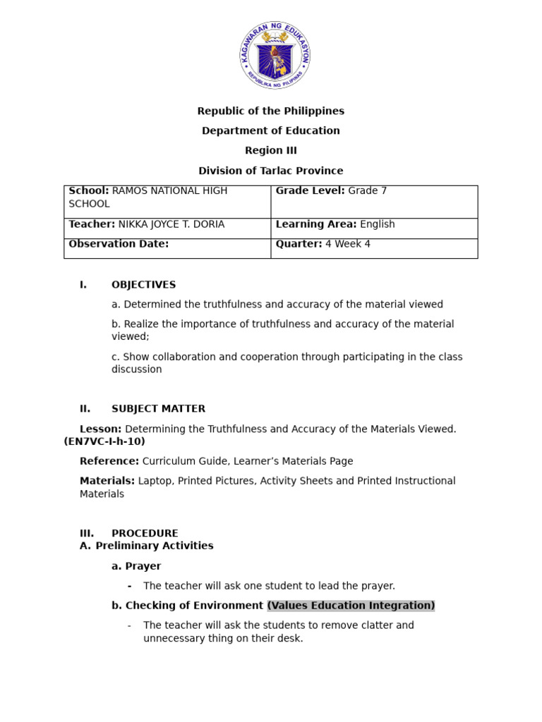Final Lesson Plan in English 7 | PDF | Truth | Human Communication
