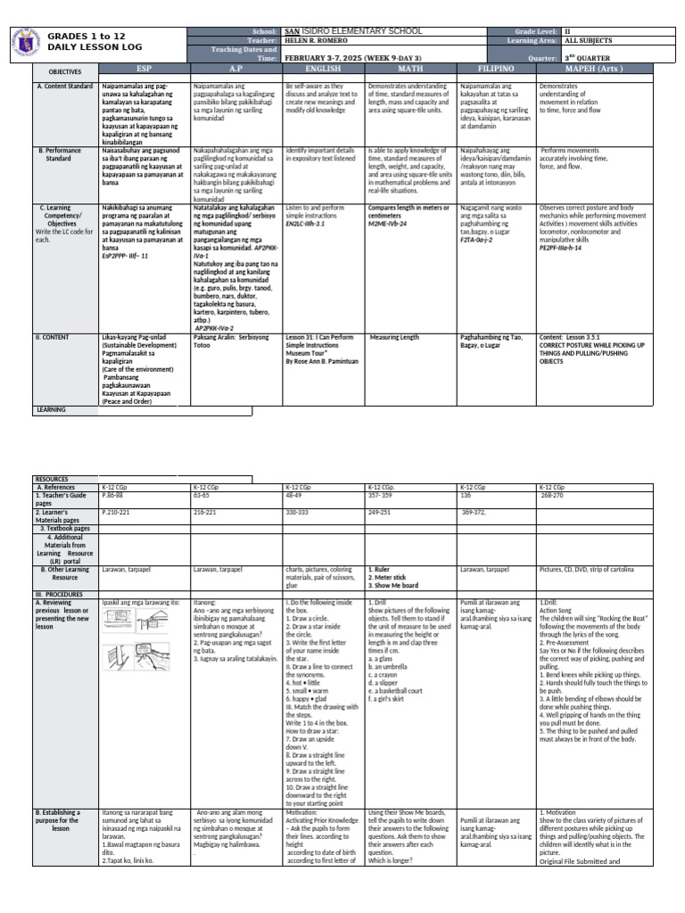 Daily Lesson Log for Grade 2 Subjects | PDF