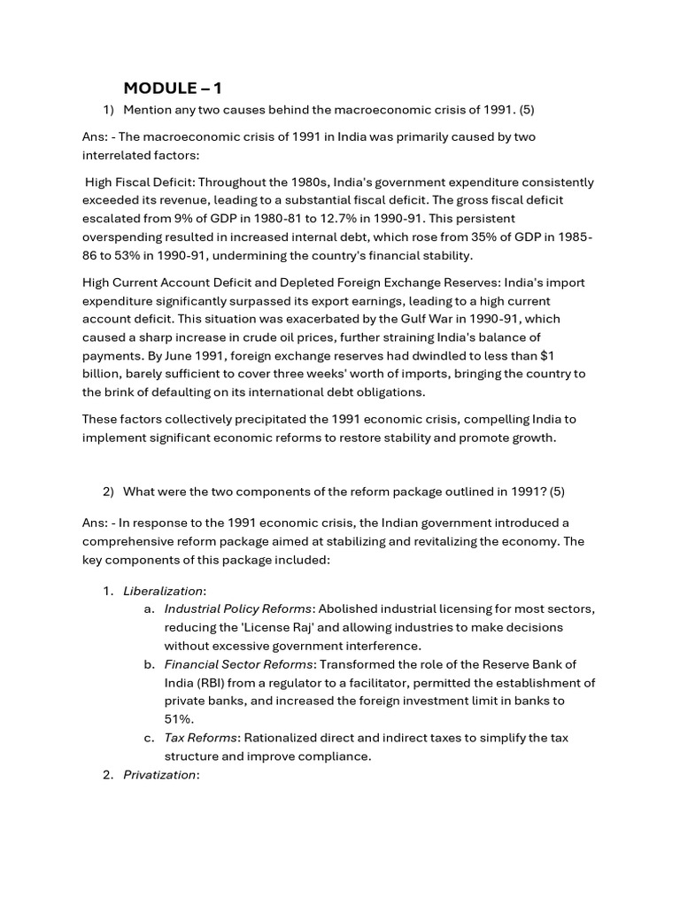 Causes and Reforms of India's 1991 Crisis | PDF | Reserve Bank Of India ...