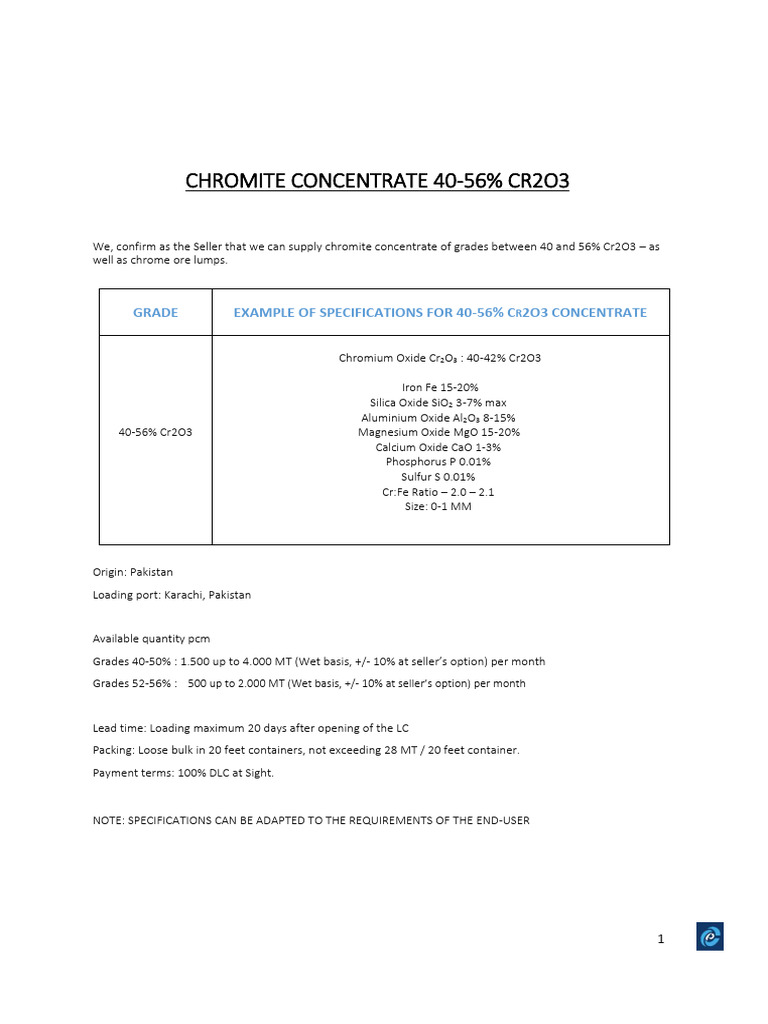 Chromite Concentrate Supply Details | PDF