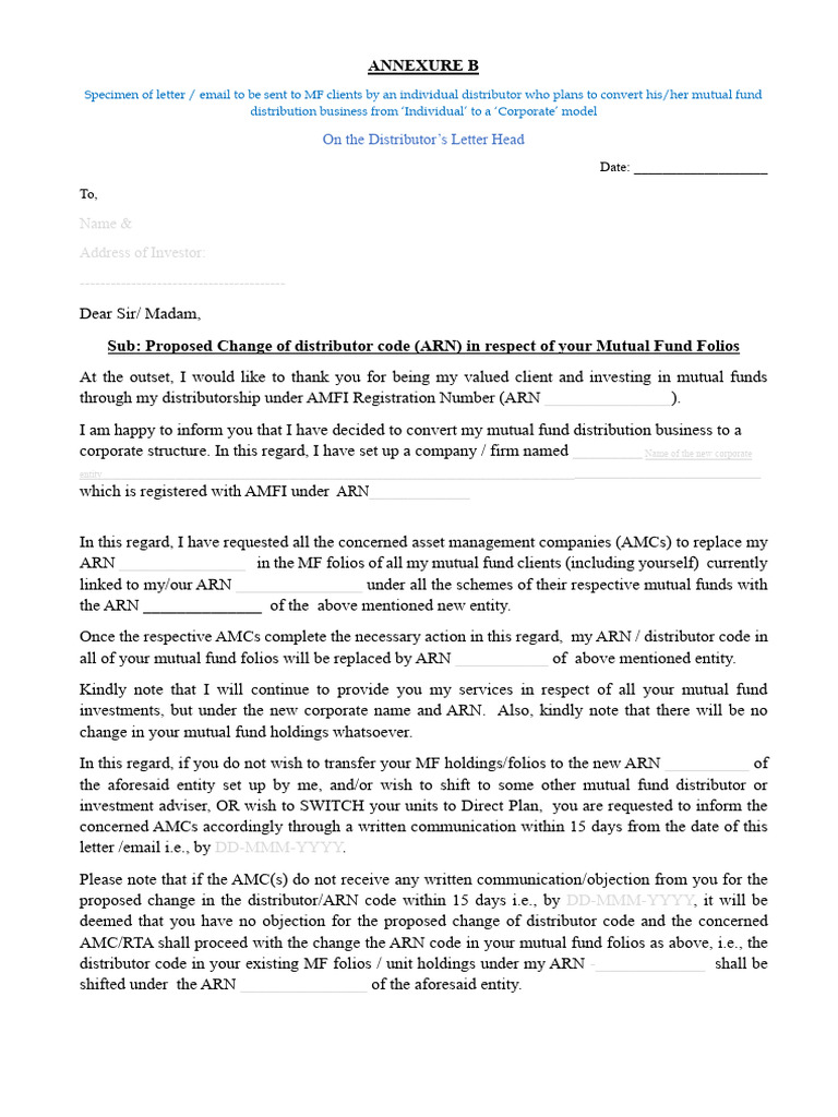 Change of Mutual Fund Distributor ARN | PDF | Mutual Funds | Money