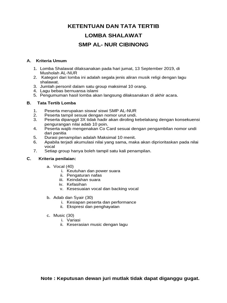Format Penilaian Lomba Sholawat SMP | PDF