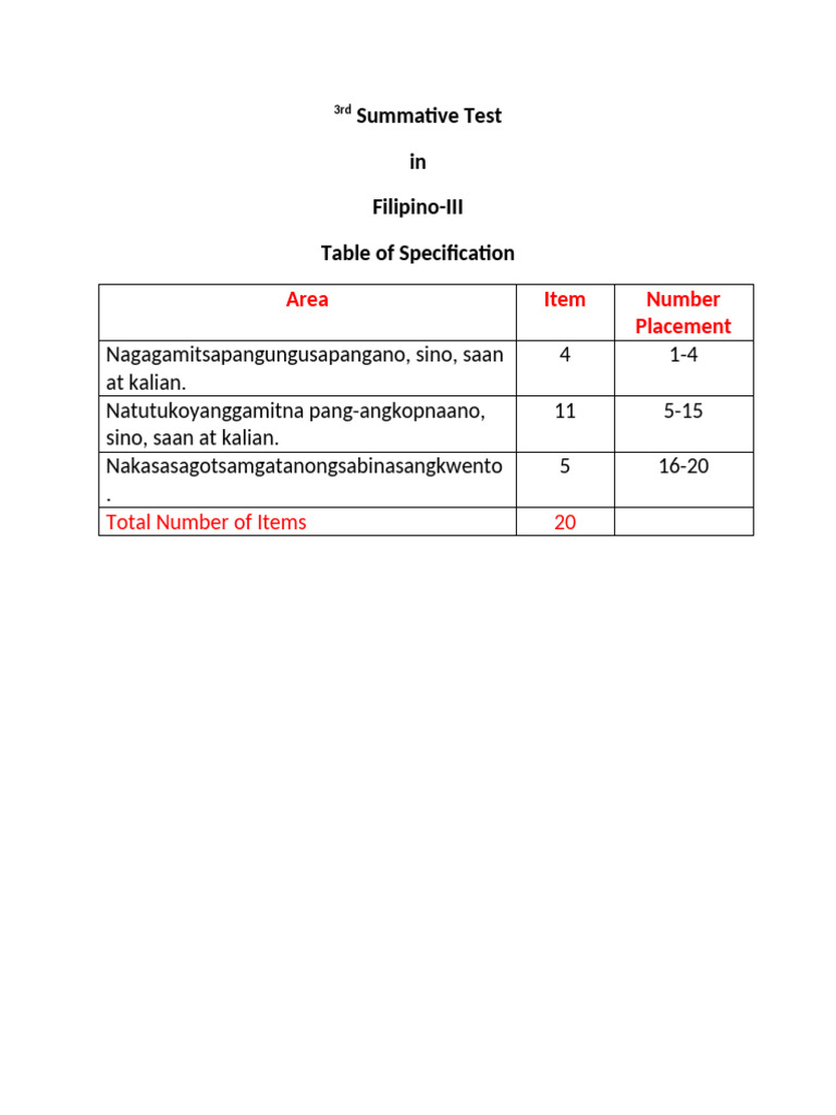 3rd Summative Test In Filipino Iii 3rd Quarter Pdf