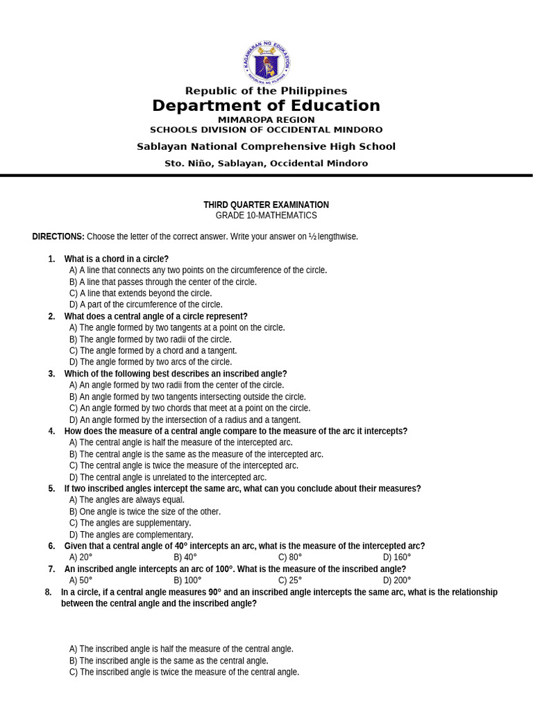Grade 10 Mathematics Exam: Circle Geometry | PDF | Circle | Angle