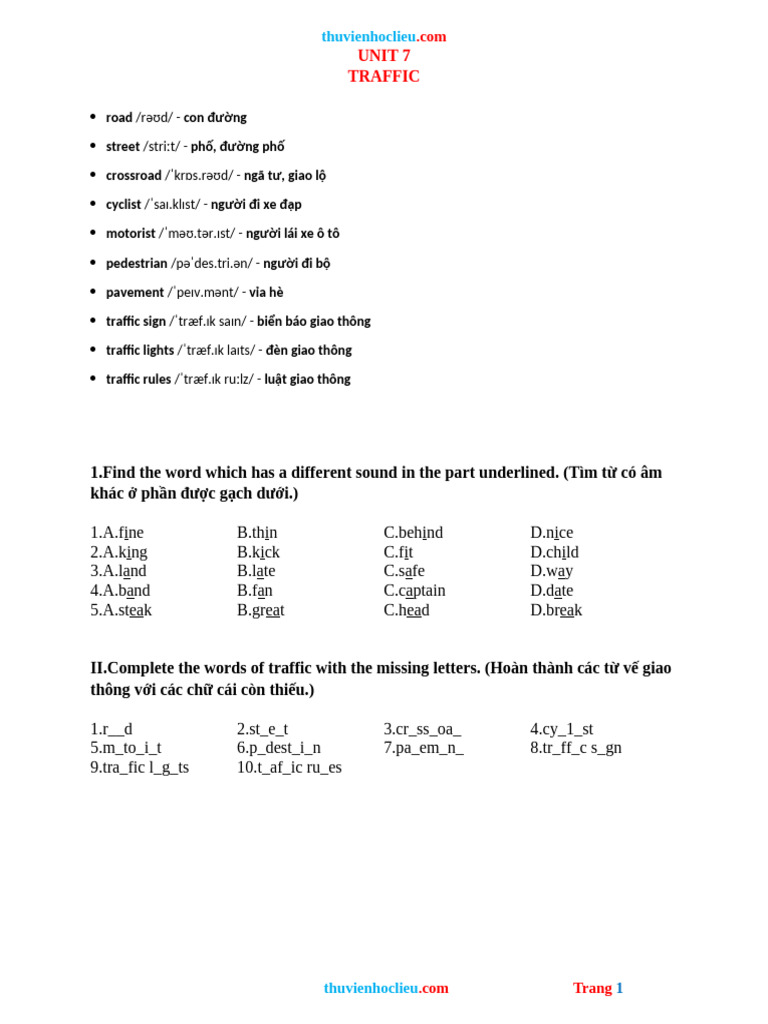 De KT Tieng Anh 7 Global Unit 7... | PDF | Traffic | Driving