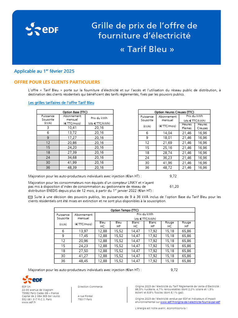 Grille Tarifaire EDF Tarif Bleu 2025 PDF Taxe sur la valeur — free download