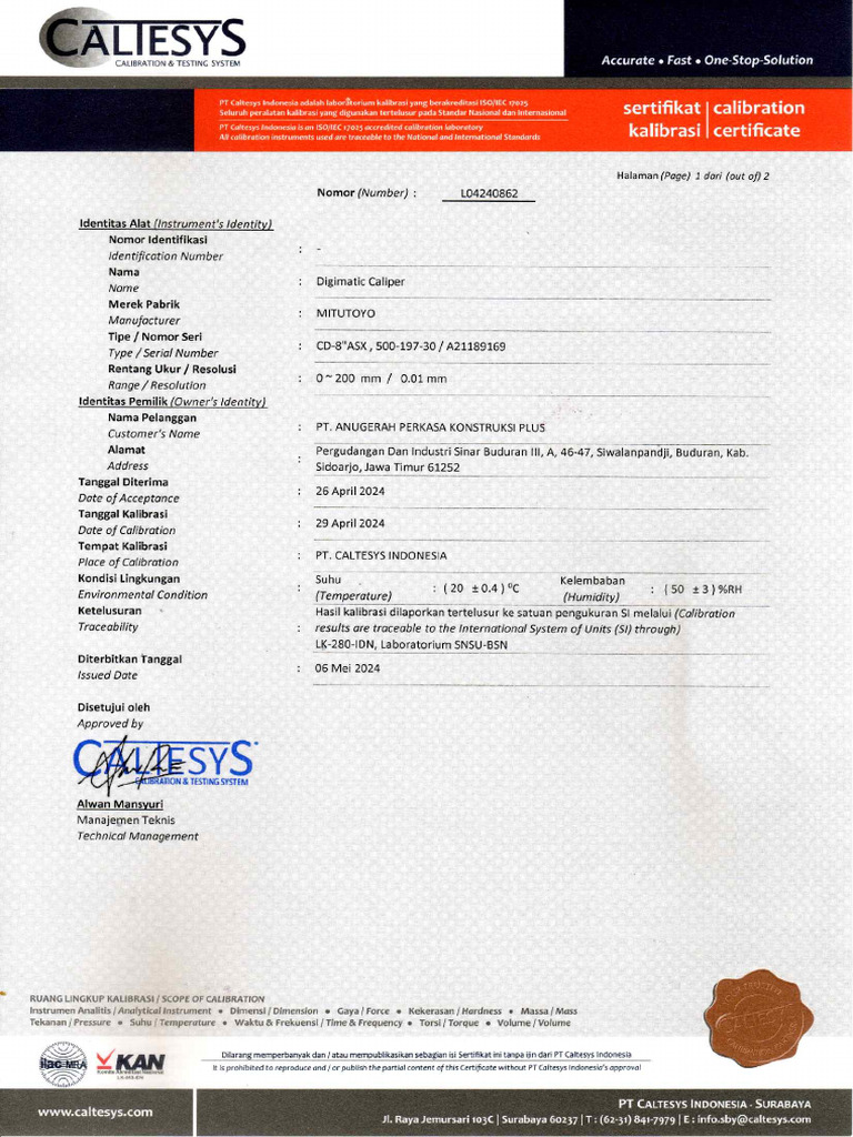 Caltesys Sertifikat Kalibrasi Digimatic Caliper No L04240862 06 05