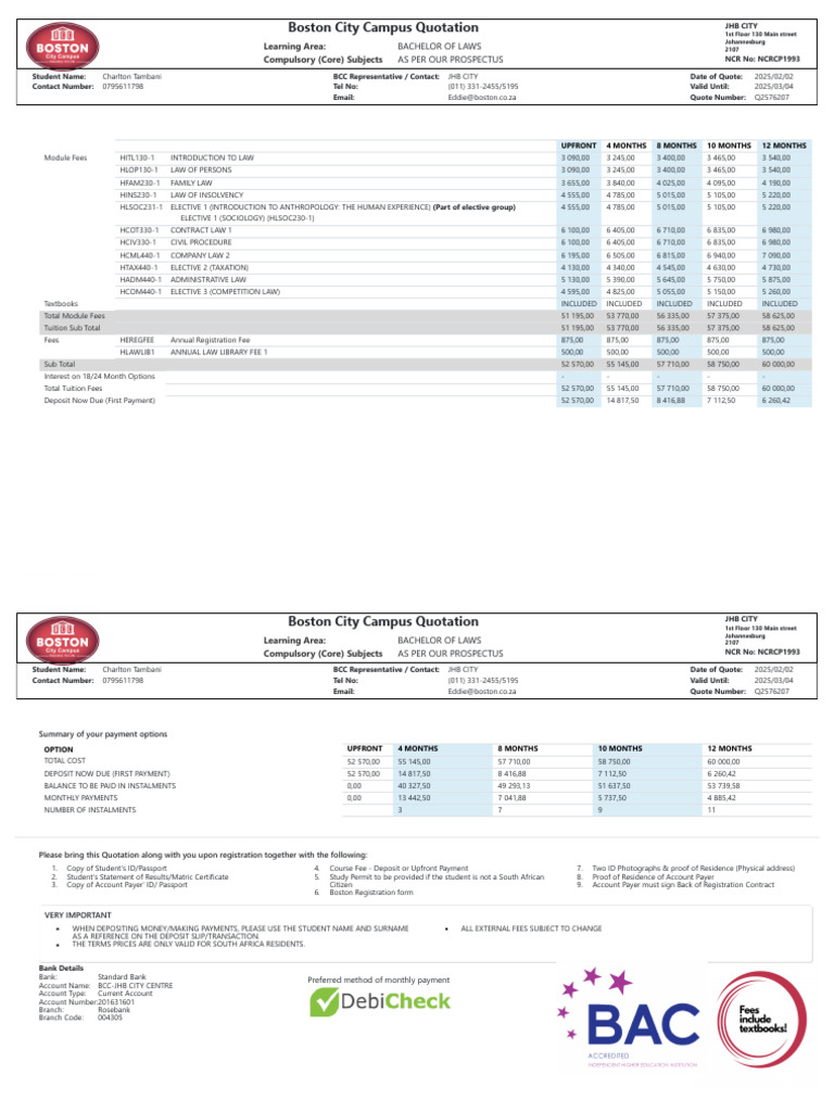 Boston City Campus Law Quotation 2025 | PDF | Banks | Transaction Account