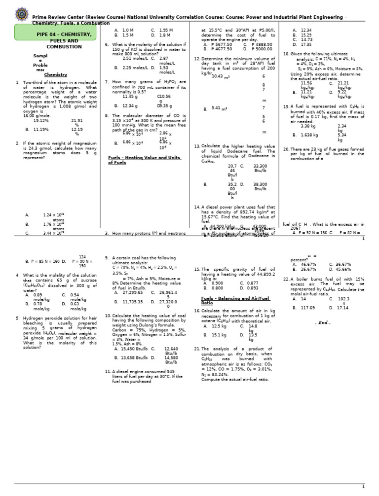 Chemistry and Fuels in Power Engineering | PDF | Mole (Unit) | Fuels