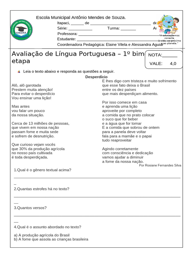 Avaliação de Língua Portuguesa - 1º Bimestre | PDF | Sílaba