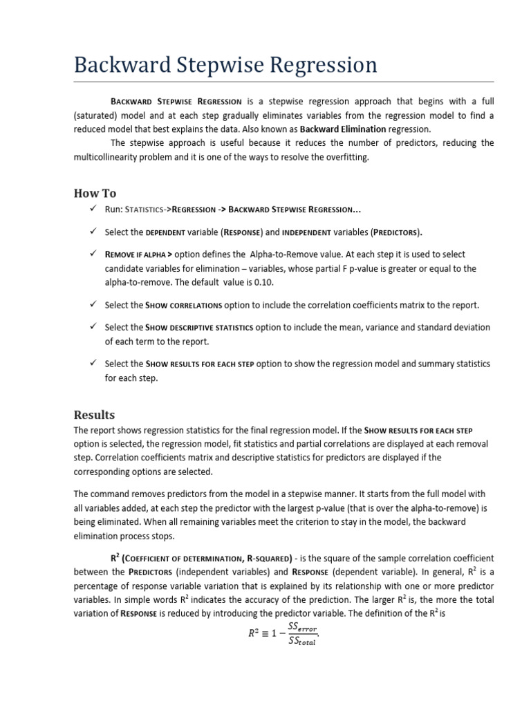 Backward Stepwise Regression Guide | PDF | Coefficient Of Determination ...