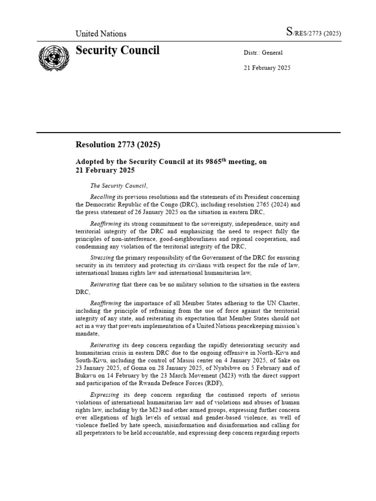 UN Security Council Resolution 2773 (2025) | PDF | Global Politics ...