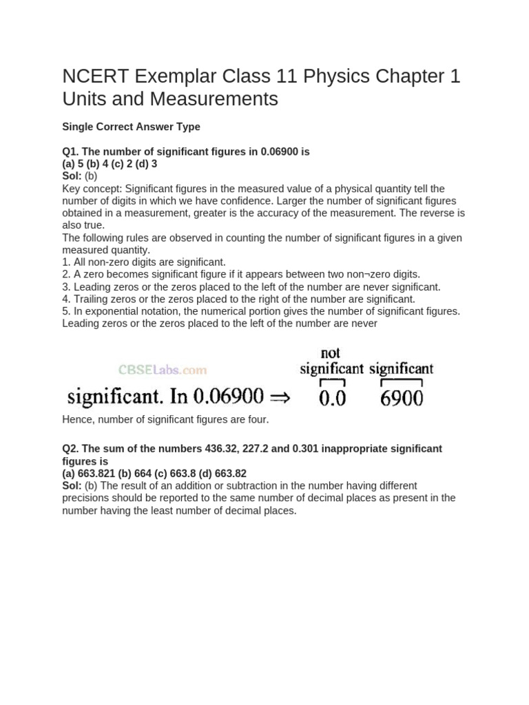 NCERT Exemplar Class 11 Physics Chapter 1 Units and Measurements | PDF ...
