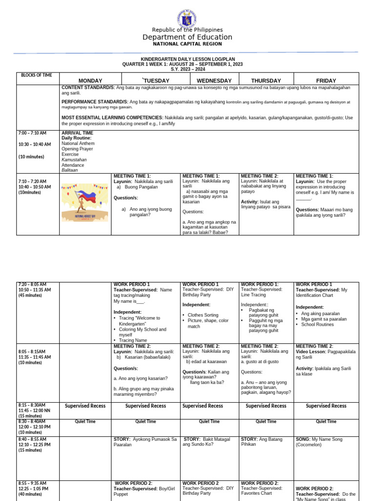 Kindergarten Daily Lesson Plan Q1 W1 | PDF