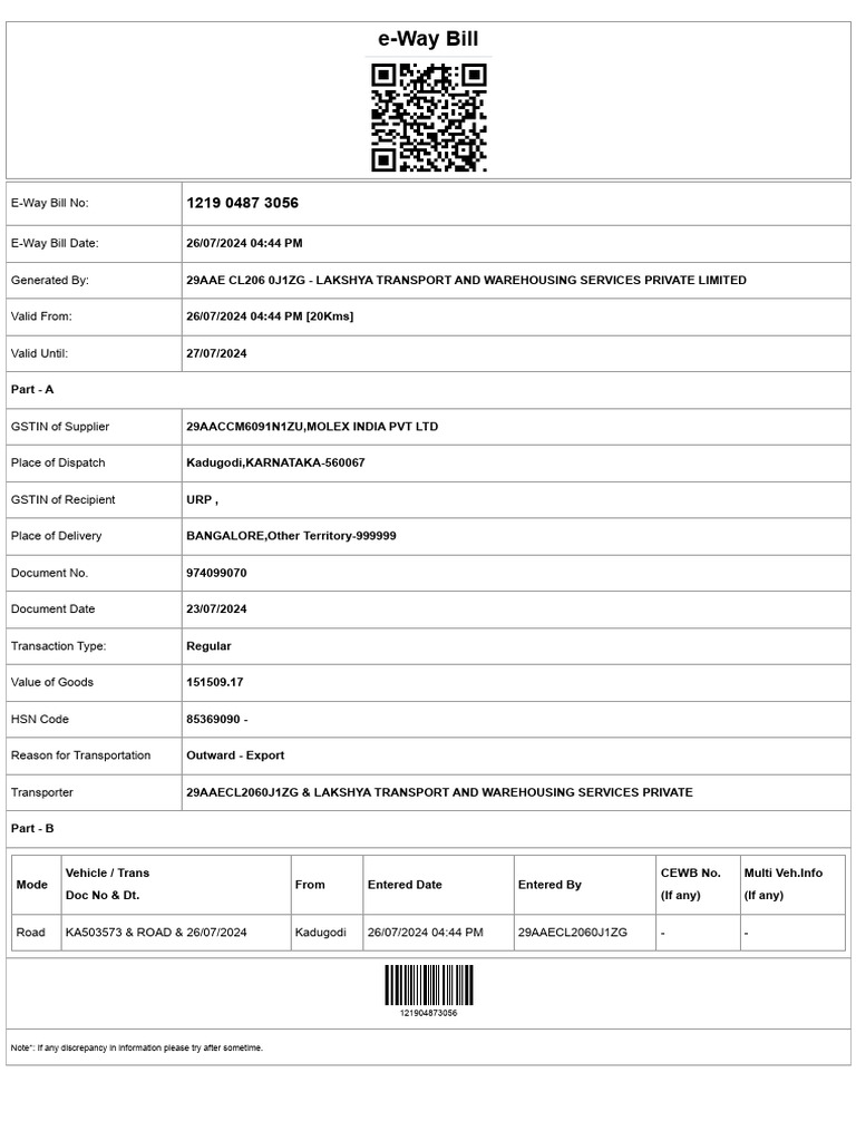 E-Way Bill for Export from Karnataka | PDF