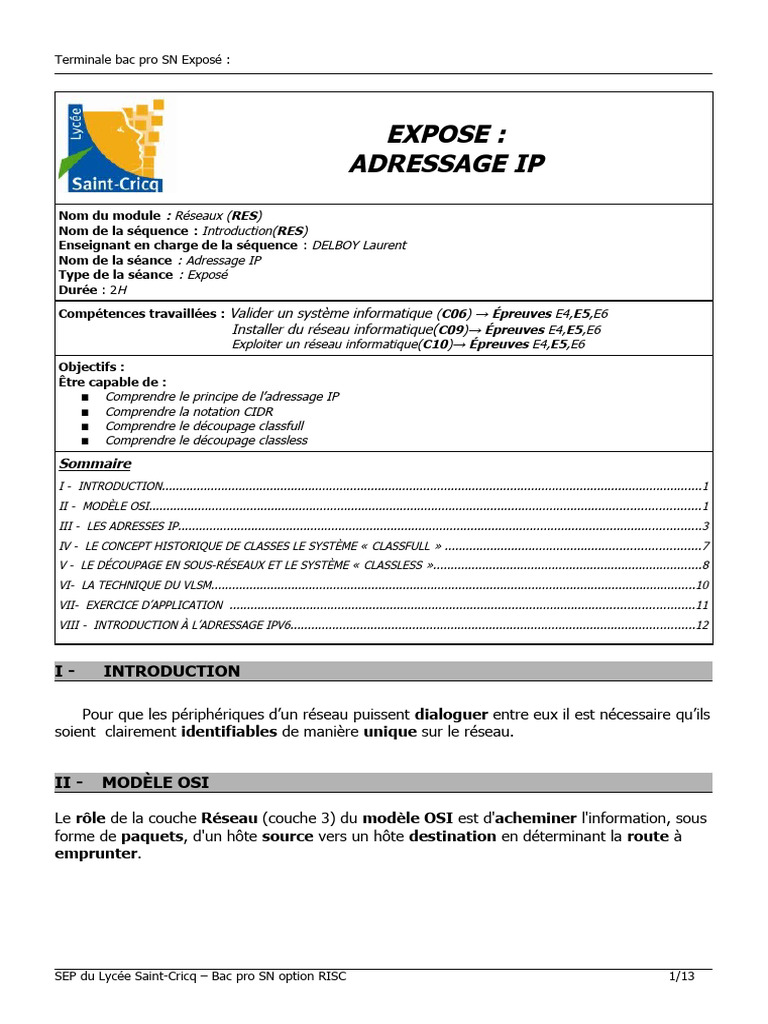 Cours sur l'Adressage IP | PDF | Adresse IP | Protocoles Internet