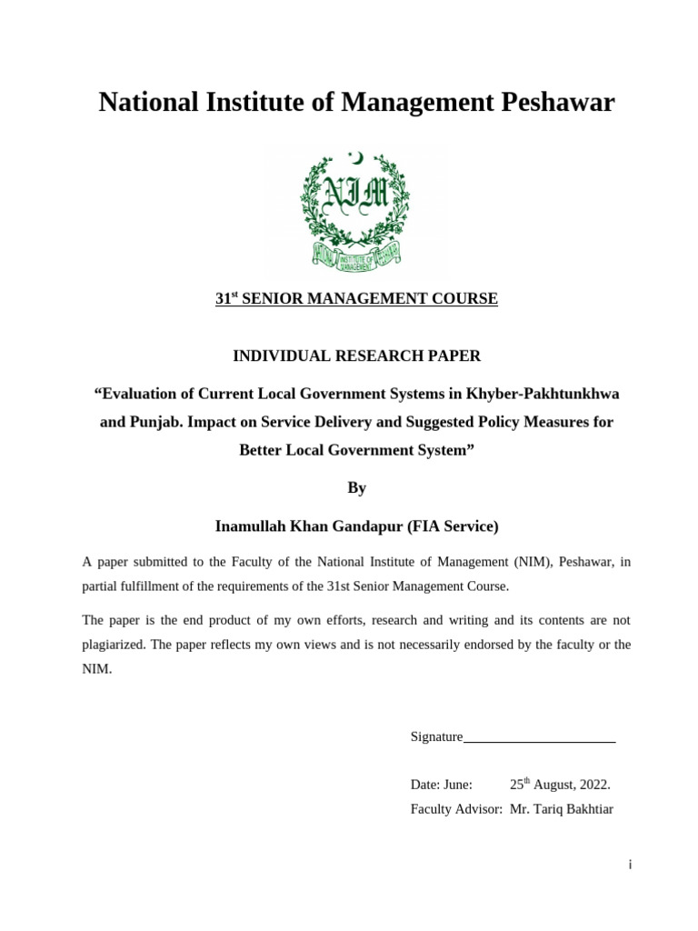 Inam Ullah Khan Final IRP | PDF | Pakistan Movement | Khyber Pakhtunkhwa