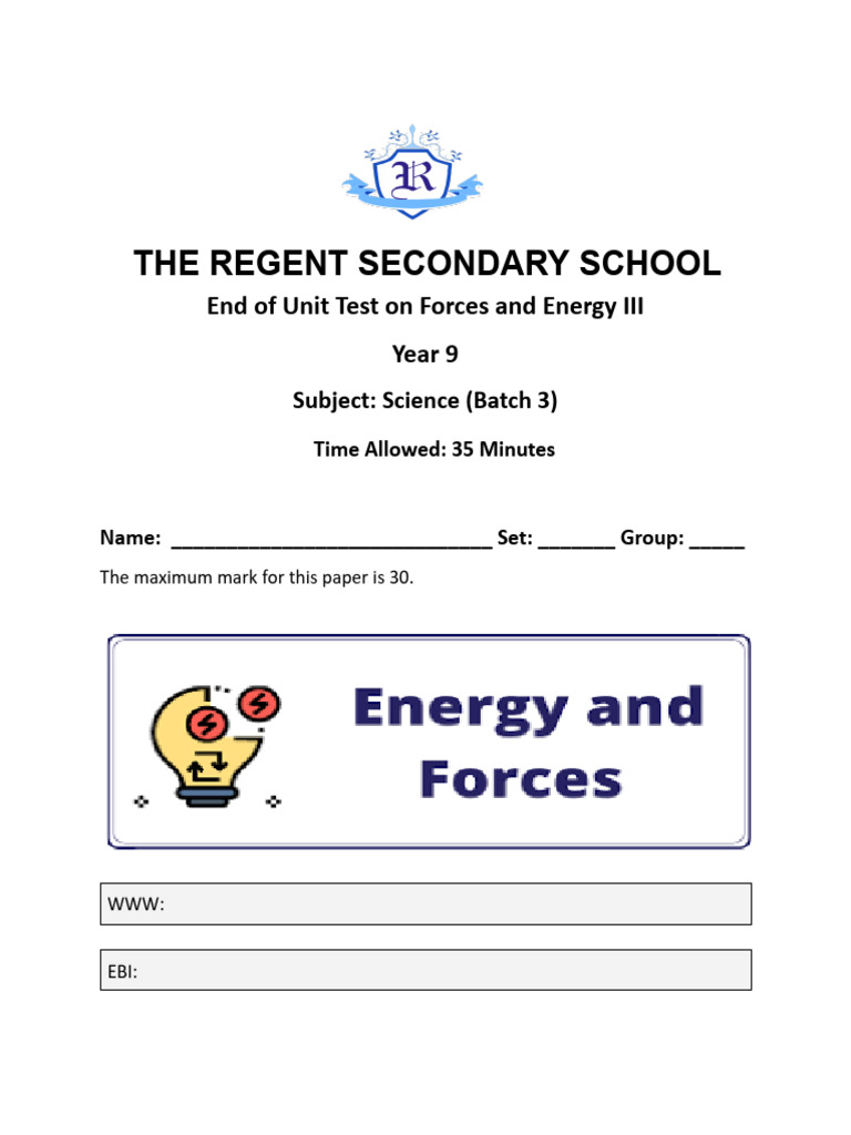 Year 9 Physics Test on Forces & Energy | PDF