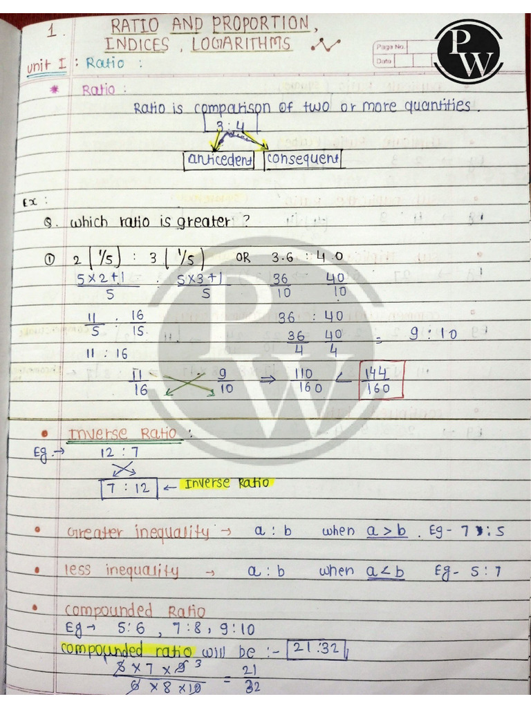 Ratio And Proportion Indices Logarithm Handwritten Notes Pdf