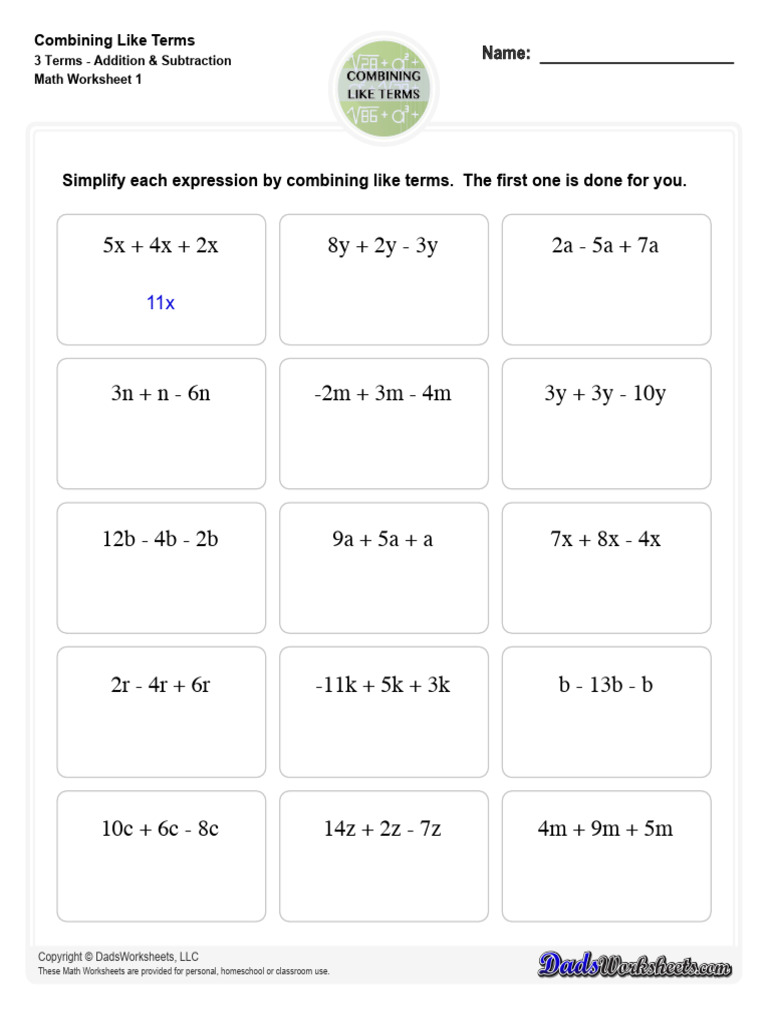 Math Worksheets - Combining Like Terms - Combining Like Terms 3 Terms ...