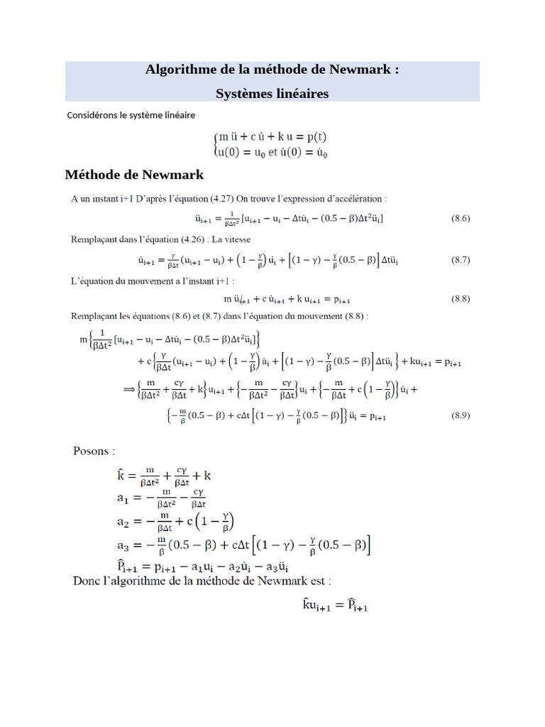 Méthode de Newmark pour systèmes linéaires | PDF