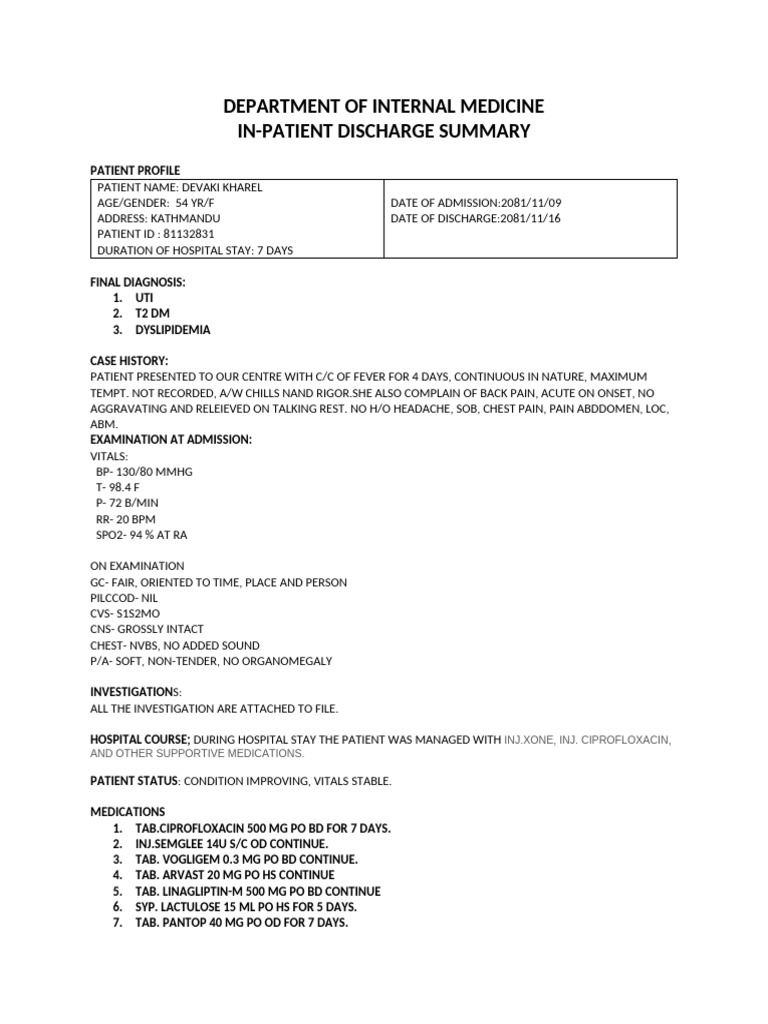 Discharge Summary for UTI and Diabetes Patient | PDF